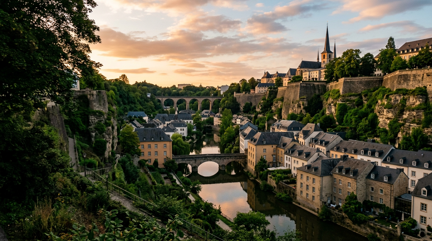 Luxembourg City's Grund valley at golden hour